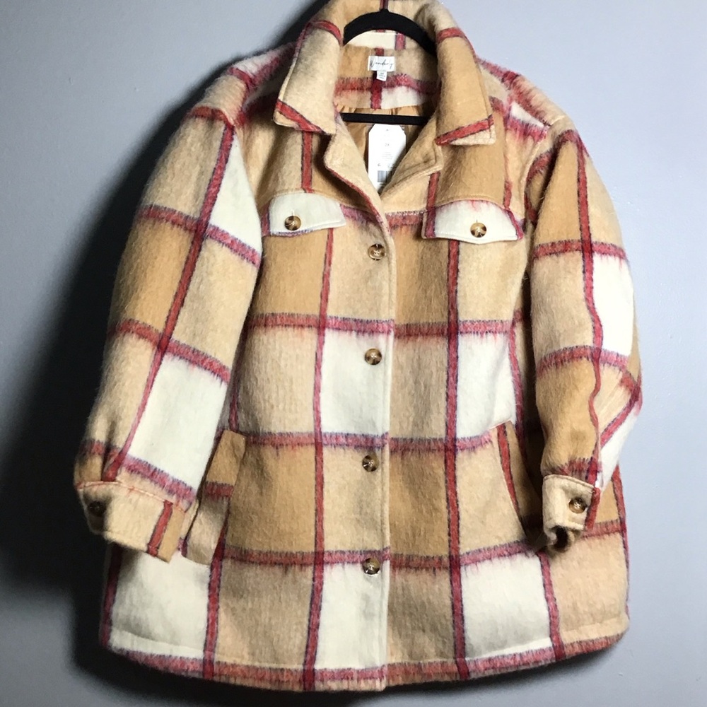Wonderly Cream and Tan Plaid Teddy Jacket